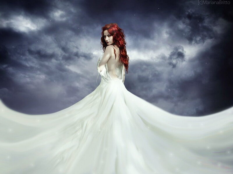 Woman in White Gown — Dramatic, Night, Digital Art, Red Hair