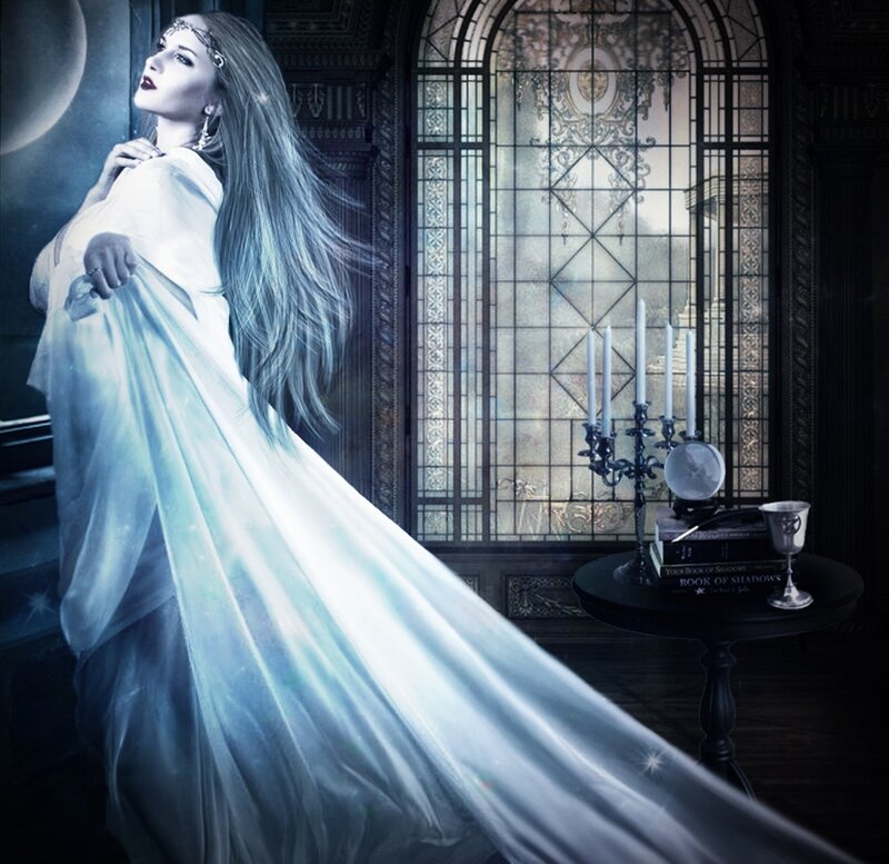 Woman in White Gown — Dramatic, Night, Digital Art, Stained Glass Window