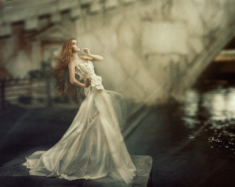 Woman in White Gown — Dramatic, Night, Photograph, Dress, Hair