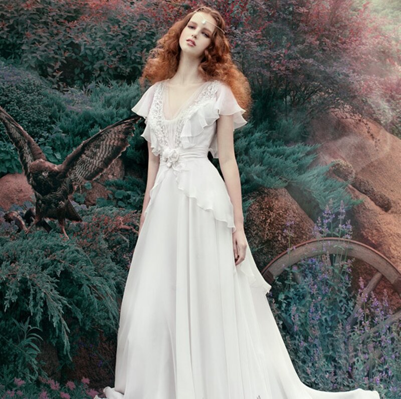 Woman in White Gown — Dramatic, Photograph, Bird
