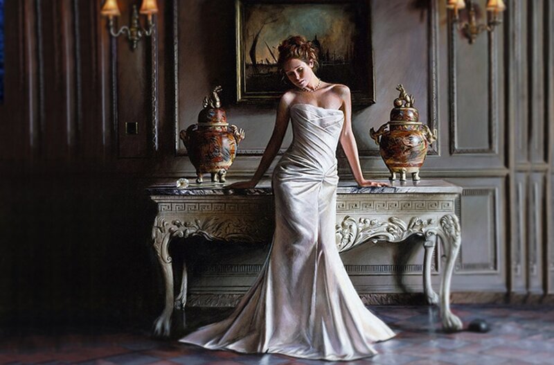 Woman in White Gown — Dramatic, Photograph, Console Table