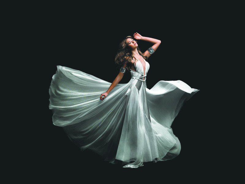 Woman in White Gown — Dramatic, Photograph, Dress, Bracelets