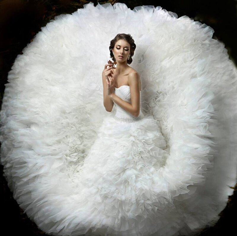 Woman in White Gown — Dramatic, Photograph, Dress, Flower