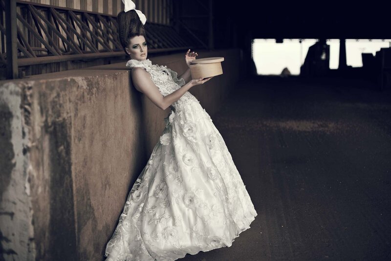 Woman in White Gown — Dramatic, Photograph, Dress, Hat Box