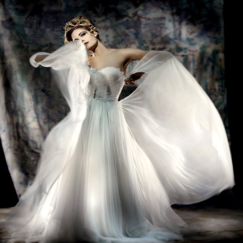 Woman in White Gown — Dramatic, Photograph, Hair
