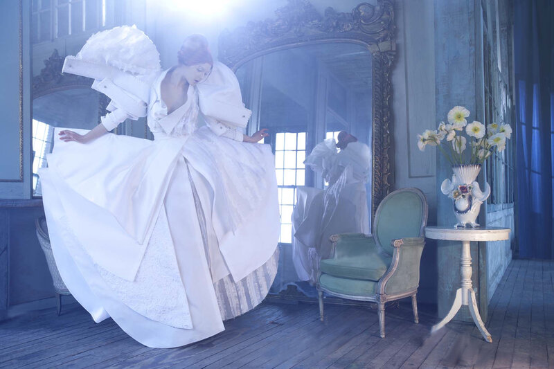 Woman in White Gown — Dramatic, Photograph, Mirror, Chair