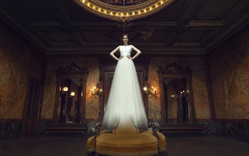 Woman in White Gown — Dramatic, Photograph, Mirror, Chandelier