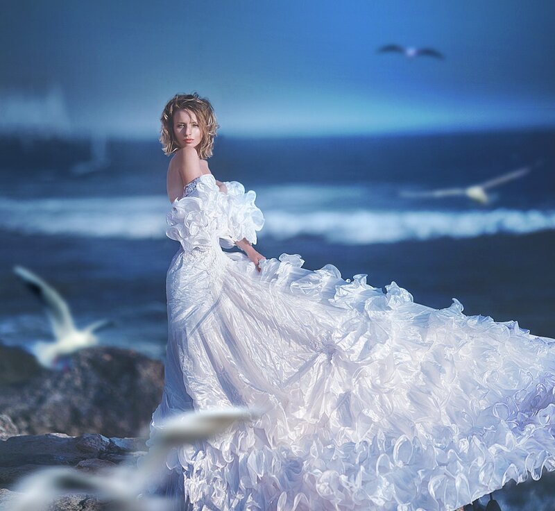 Woman in White Gown — Dramatic, Photograph, Ocean