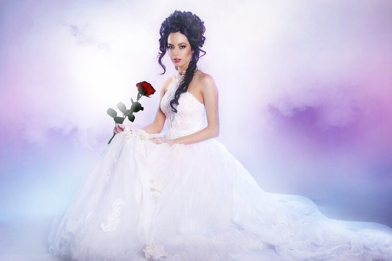 Woman in White Gown — Dramatic, Photograph, Rose