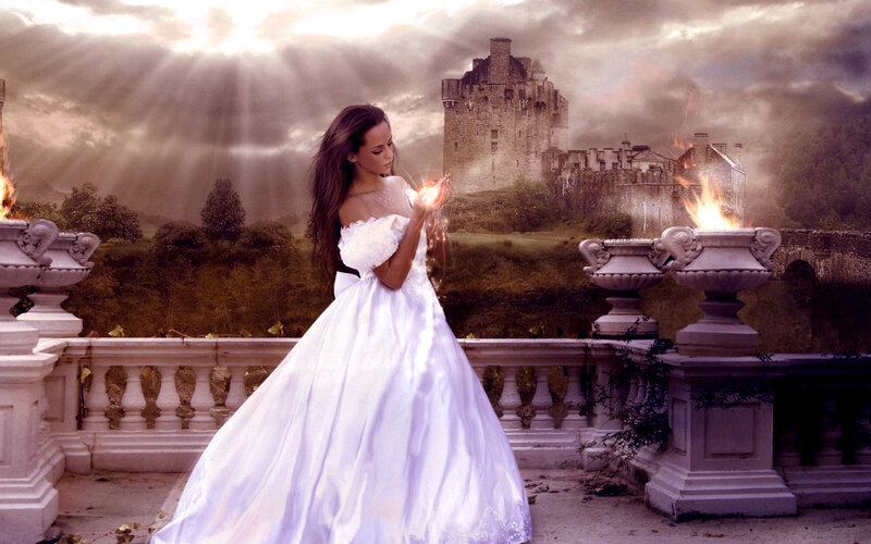 Woman in White Gown — Dramatic, Sunset, Digital Art, Castle