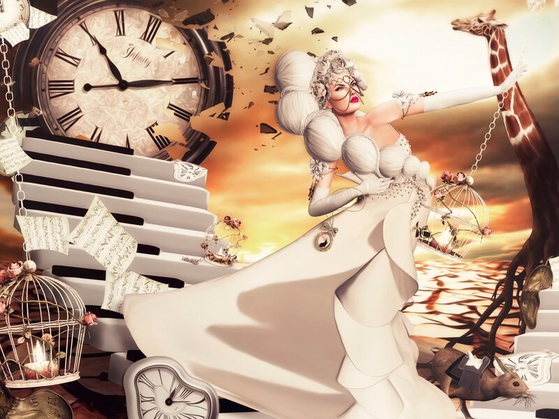 Woman in White Gown — Dramatic, Sunset, Digital Art, Clock