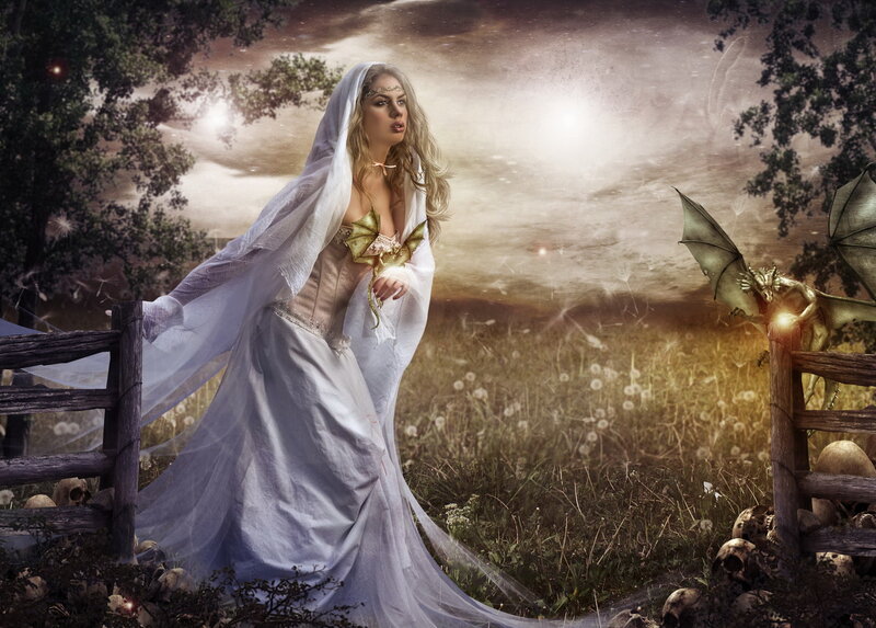 Woman in White Gown — Dramatic, Sunset, Digital Art, Dragon