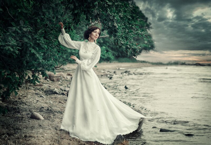 Woman in White Gown — Dramatic, Sunset, Photograph, Crown, Tree