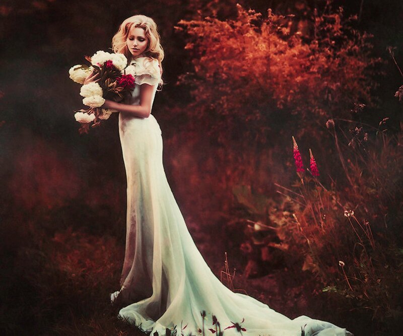 Woman in White Gown — Dramatic, Sunset, Photograph, Flowers
