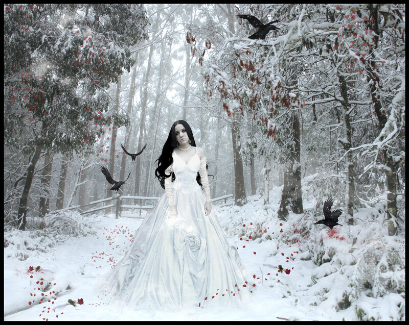 Woman in White Gown — Dramatic, Winter, Digital Art, Crows