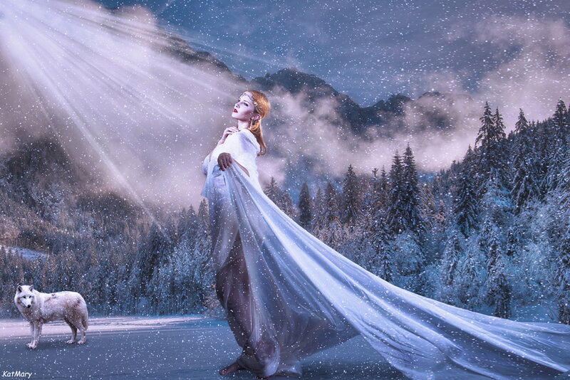 Woman in White Gown — Dramatic, Winter, Digital Art, Wolf