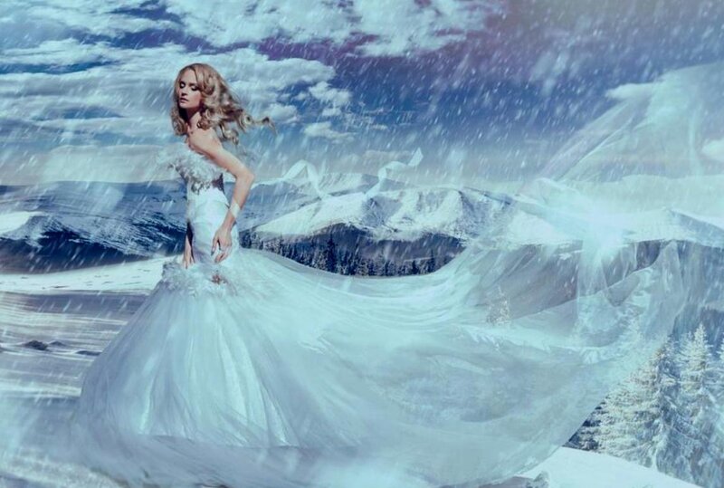 Woman in White Gown — Dramatic, Winter, Photograph
