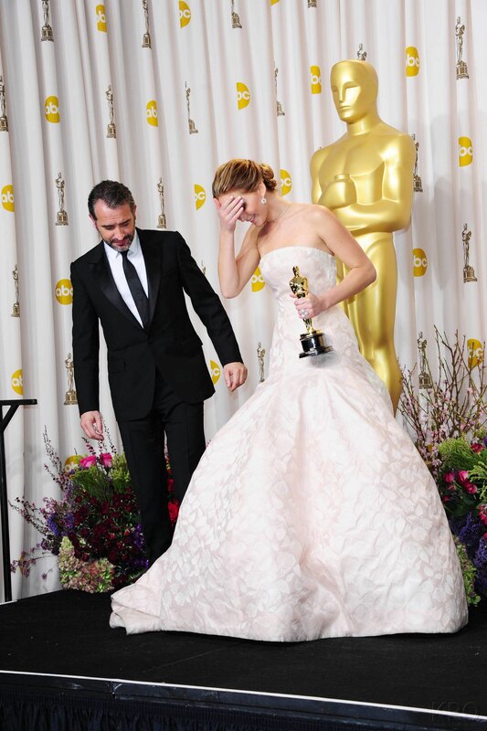 Woman in White Gown — Formal, Photograph, Oscar Statue