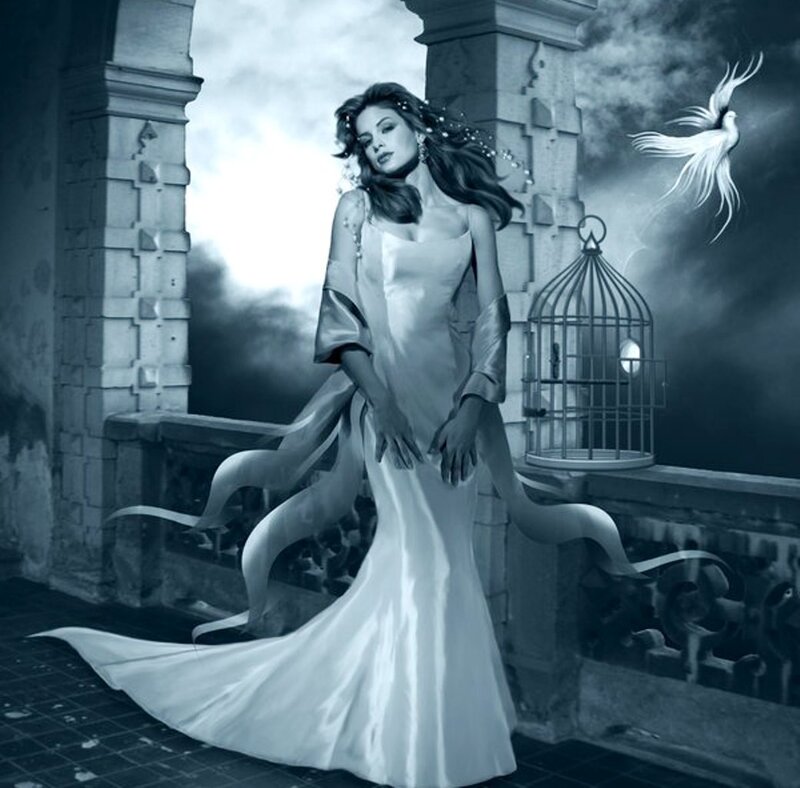 Woman in White Gown — Gray, Dramatic, Night