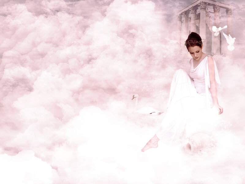 woman in white gown on clouds