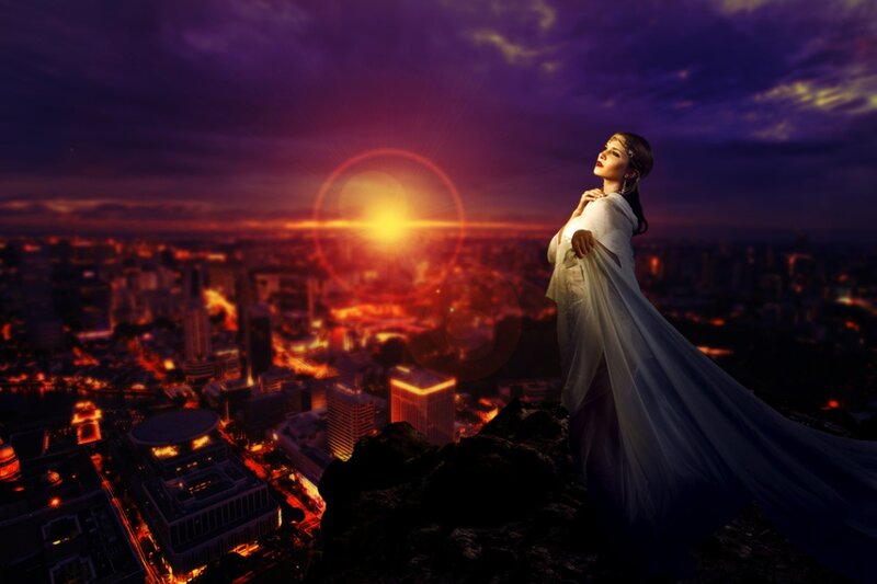 Woman in White Gown — Purple, Dramatic, Sunset