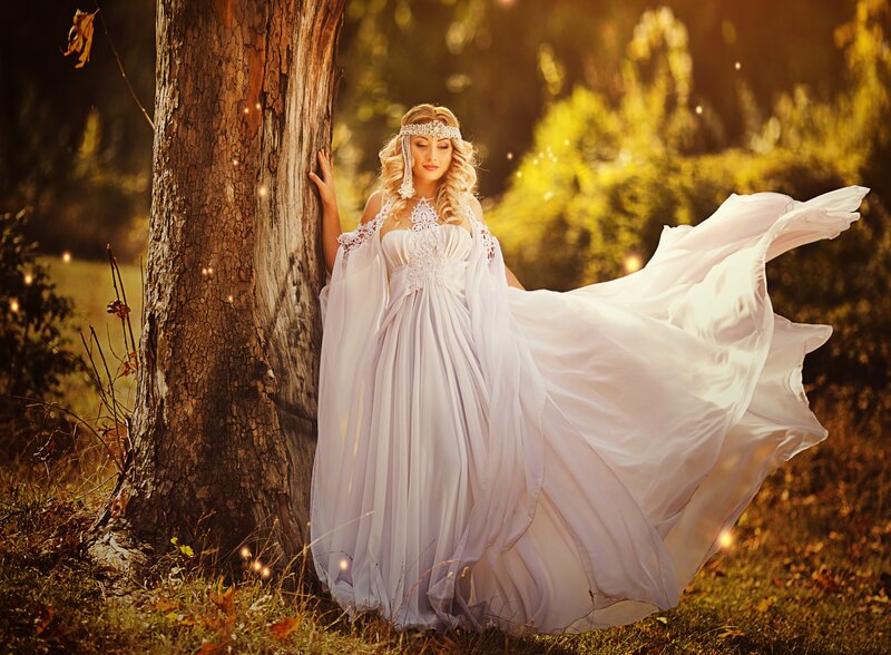 Woman in White Gown — Serene, Autumn, Photograph, Tree