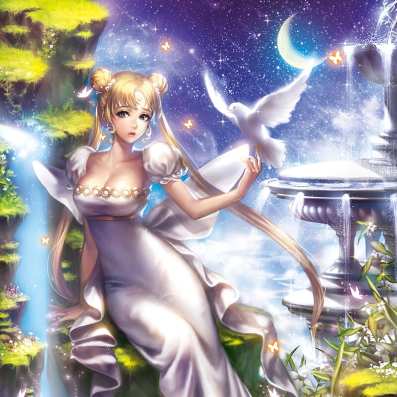 Woman in White Gown — Serene, Night, Digital Art, Dove