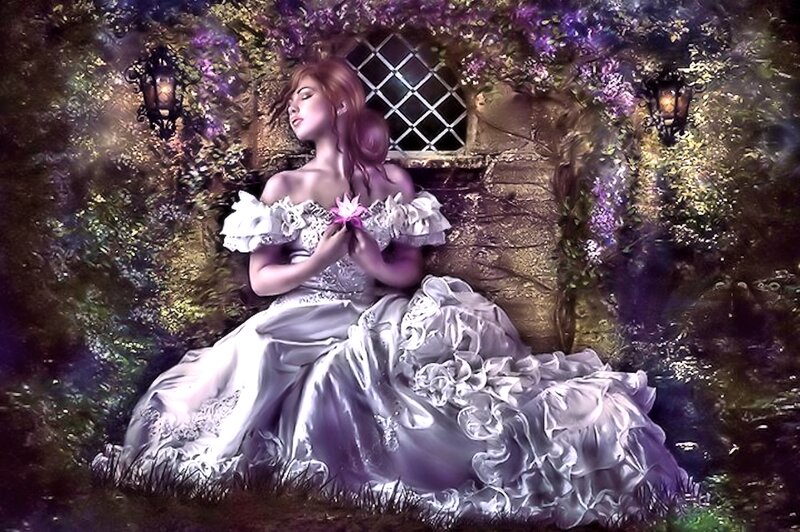 Woman in White Gown — Serene, Night, Digital Art, Flower