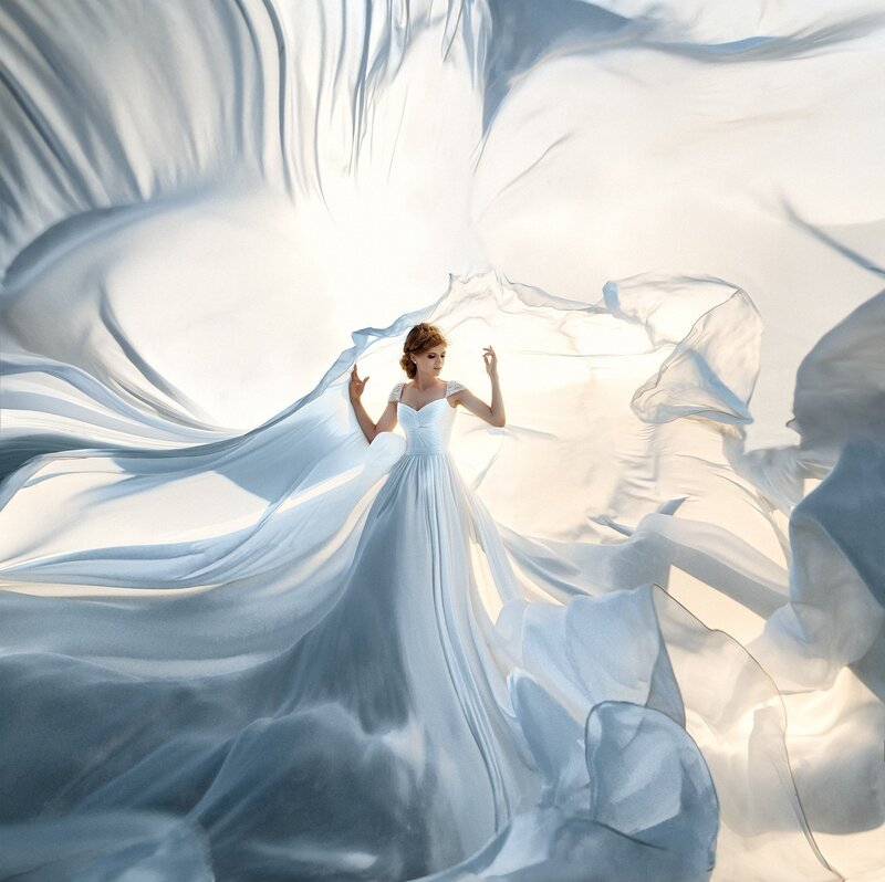 Woman in White Gown — Serene, Photograph, Fabric