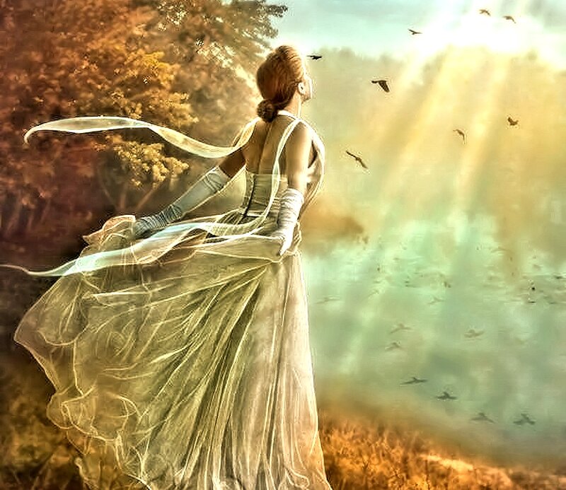 Woman in White Gown — Serene, Sunset, Digital Art, Birds