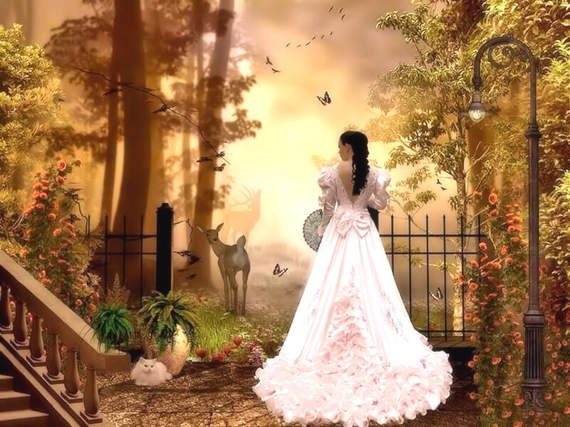 Woman in White Gown — Serene, Sunset, Digital Art, Deer
