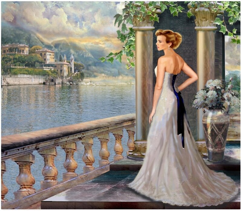 Woman in White Gown — Serene, Sunset, Digital Art, Lake