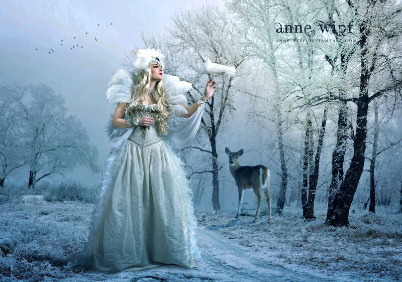 Woman in White Gown — Serene, Winter, Digital Art, Deer