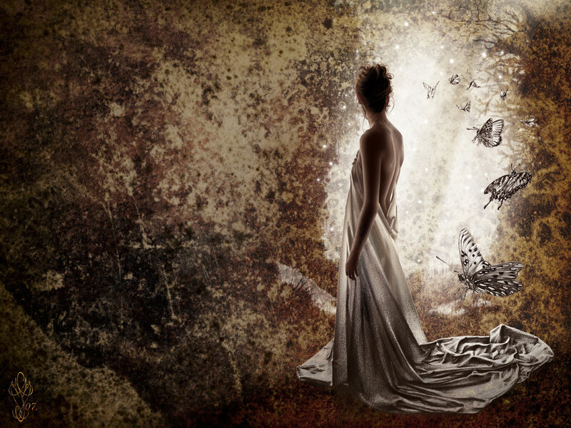 woman in white gown with butterflies