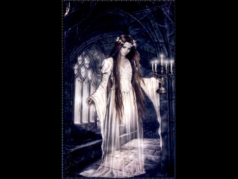 woman in white gown with candelabra