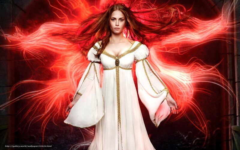 woman in white gown with red energy