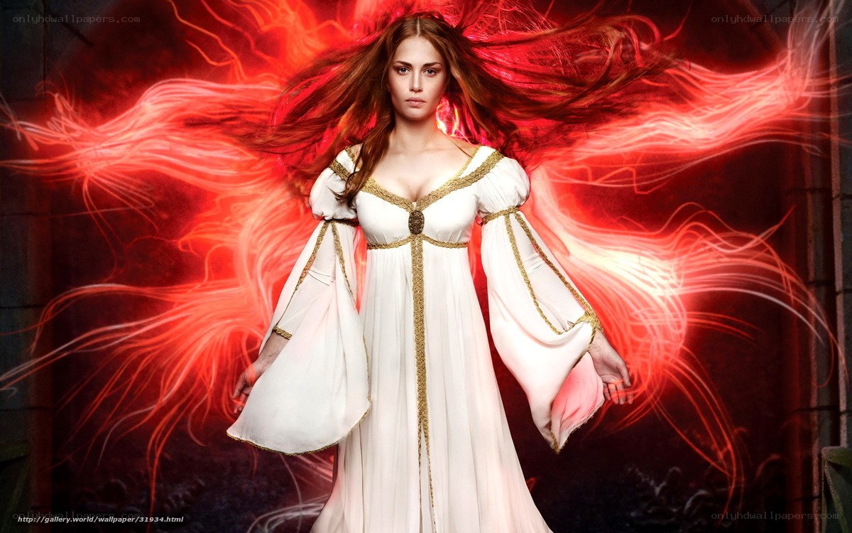 woman in white gown with red energy