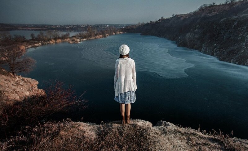 Woman in White Hat — Blue, Serene