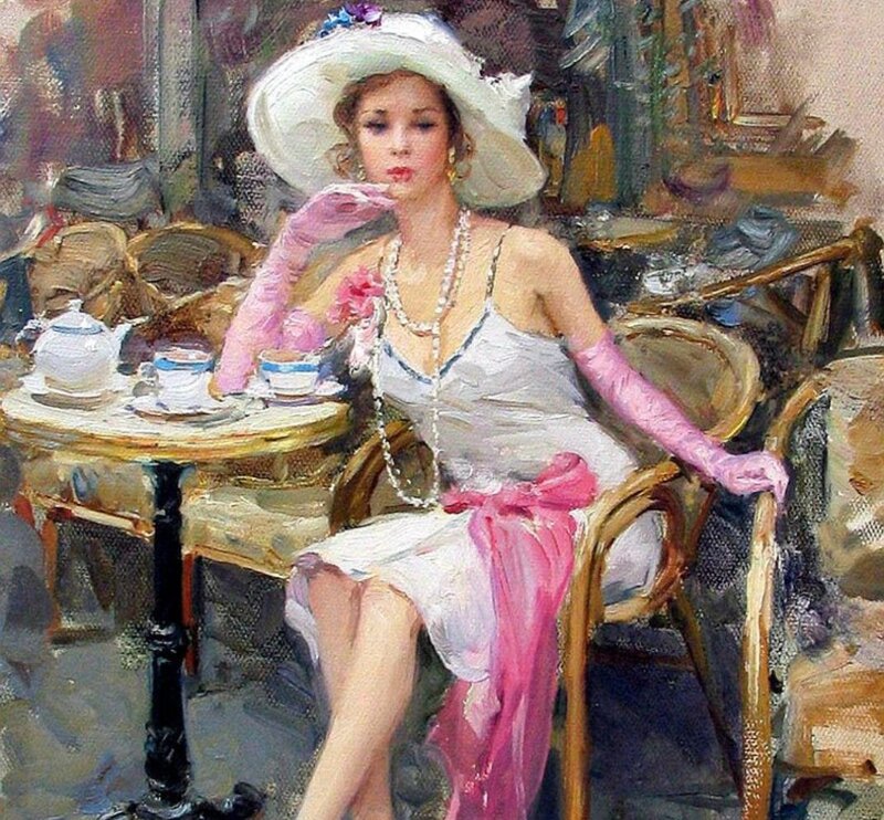 Woman in White Hat — Calm, Afternoon, Painting