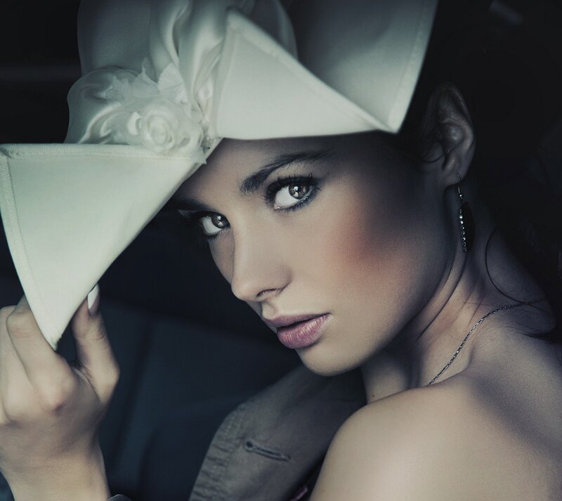 Woman in White Hat — Dramatic, Photograph, Earring