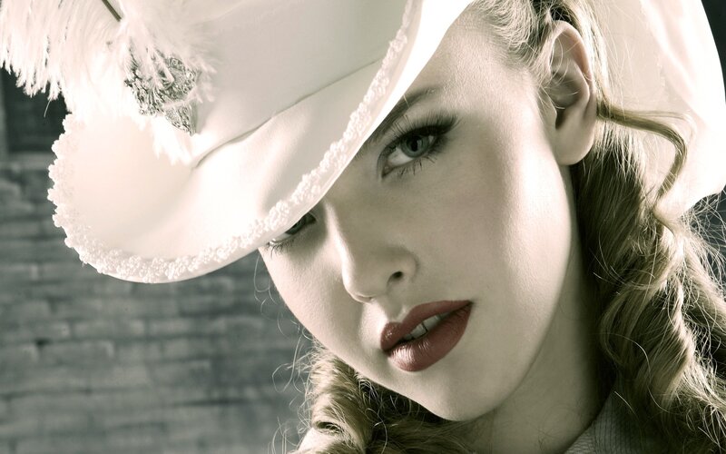 Woman in White Hat — Dramatic, Photograph, Feathers