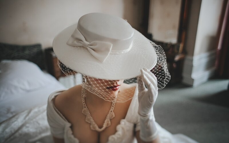 Woman in White Hat — Dramatic, Photograph, Veil, Gloves