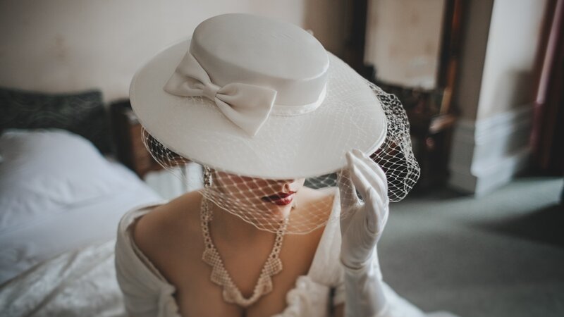 Woman in White Hat — Dramatic, Photograph, Veil