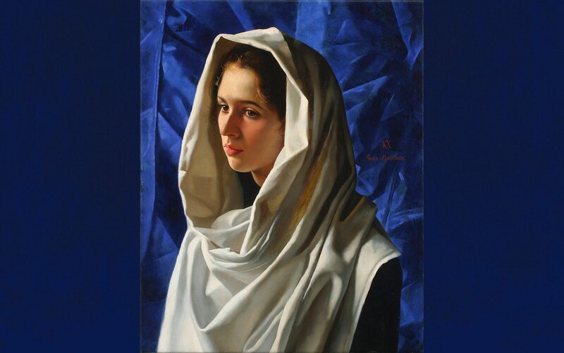 Woman in White Headscarf — Blue