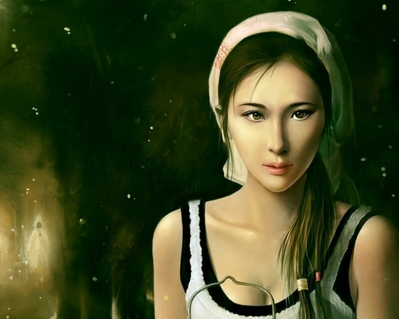 Woman in White Headscarf — Green