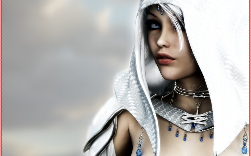woman in white hooded cloak