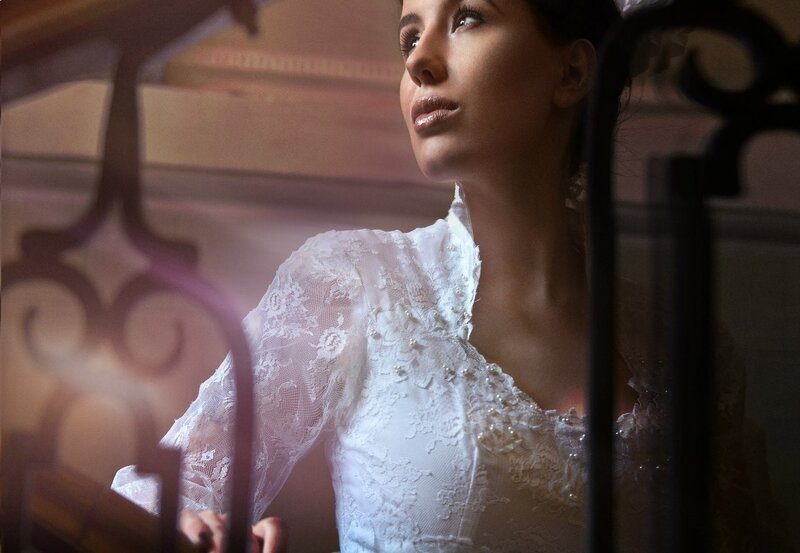 Woman in White Lace Dress — Dramatic, Photograph, Lace Dress, Metal Railing