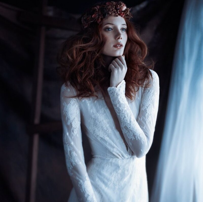 Woman in White Lace Dress — Dramatic, Photograph