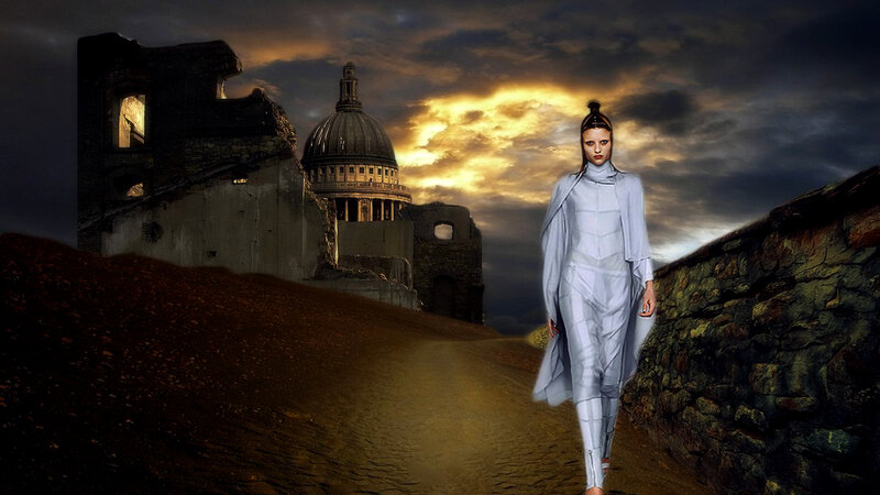 Woman in White Outfit — Gray, Dramatic
