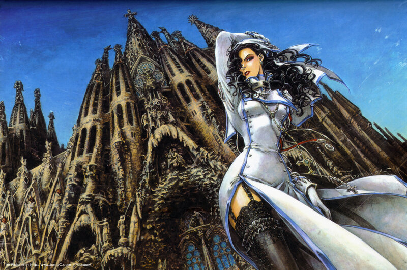woman in white robe before cathedral